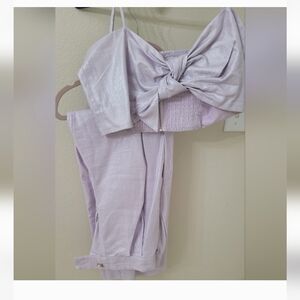 JASON WU Linen Glitter Shine Purple Wide Leg Pant Bow Crop Top Set. L/S